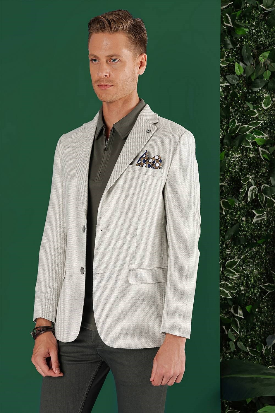 Slim Fit Mono Yaka Keten Pamuk Karışımlı Mavi Ceket C 636