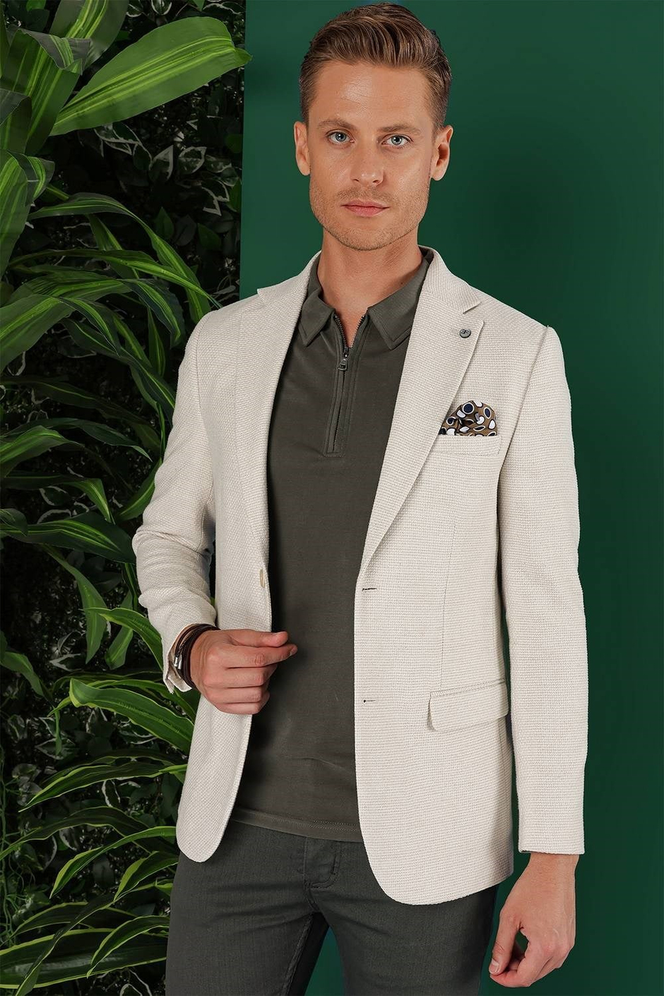Slim Fit Mono Yaka Keten Pamuk Karışımlı Taş Ceket C 636