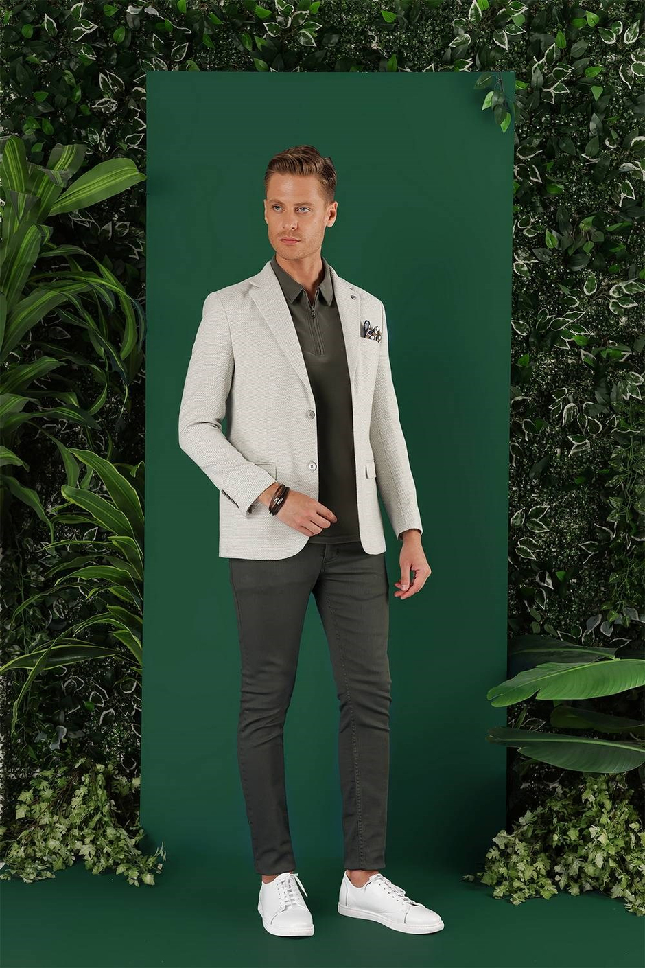 Slim Fit Mono Yaka Keten Pamuk Karışımlı Mavi Ceket C 636