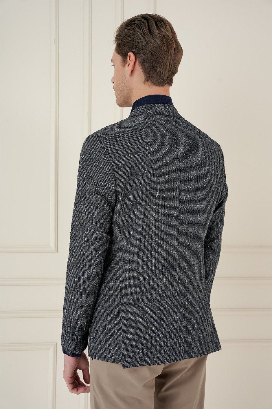 Slim Fit Mono Yaka Kırçıllı Dokuma %100 Yün Siyah Ceket C 692
