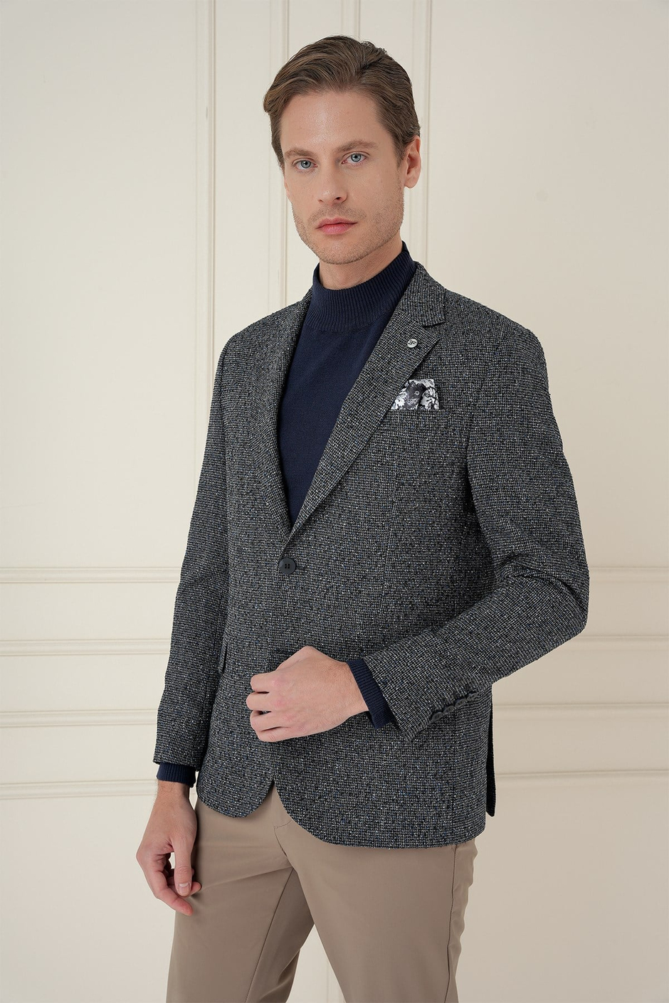 Slim Fit Mono Yaka Kırçıllı Dokuma %100 Yün Siyah Ceket C 692