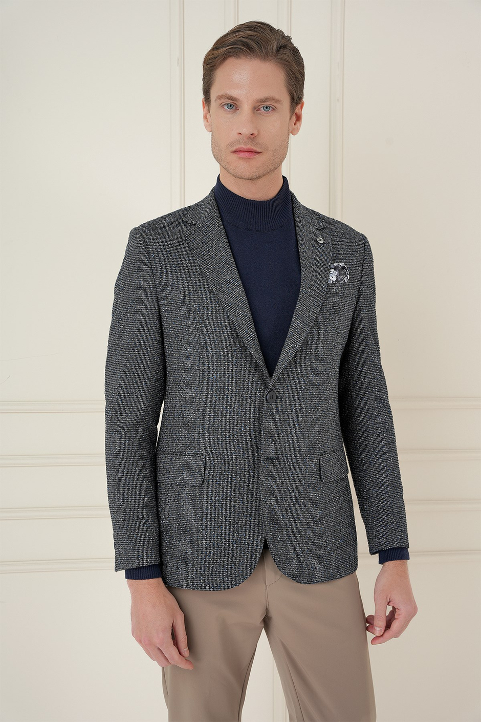 Slim Fit Mono Yaka Kırçıllı Dokuma %100 Yün Siyah Ceket C 692