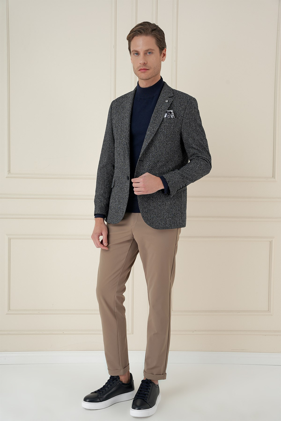 Slim Fit Mono Yaka Kırçıllı Dokuma %100 Yün Siyah Ceket C 692