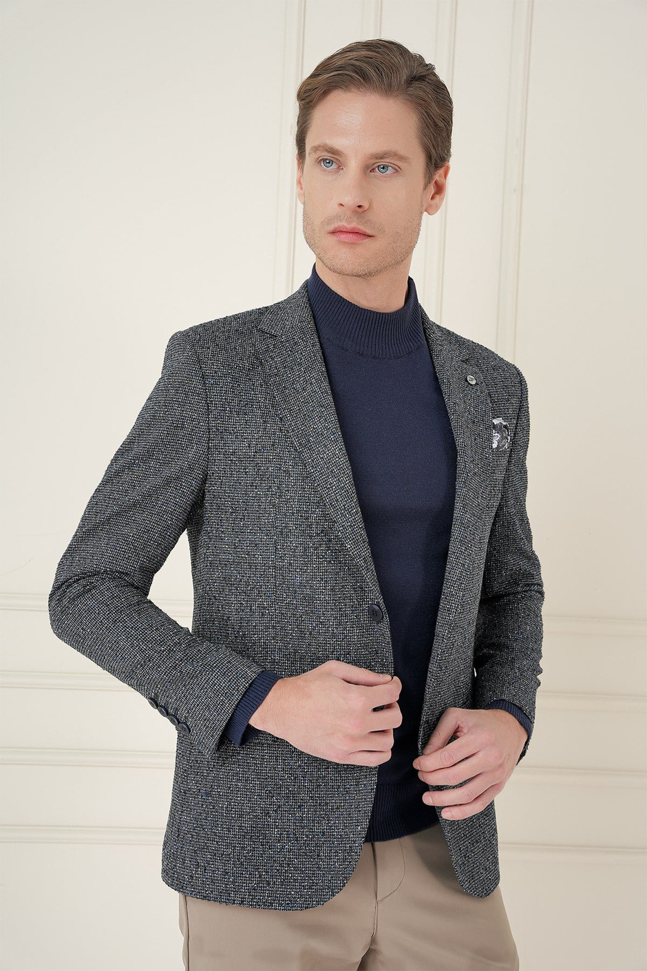 Slim Fit Mono Yaka Kırçıllı Dokuma %100 Yün Siyah Ceket C 692