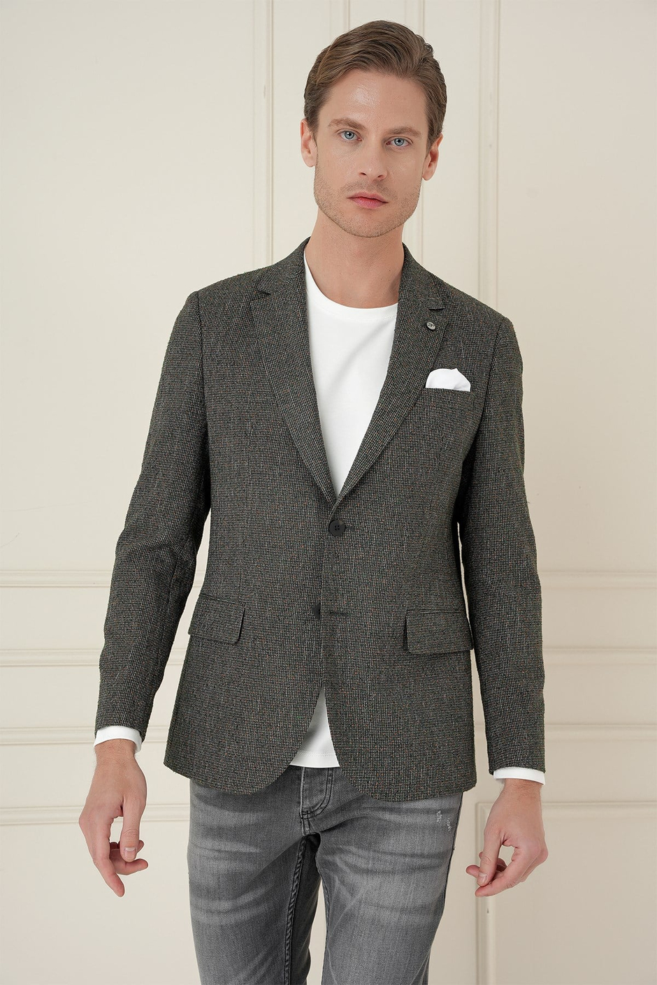 Slim Fit Mono Yaka Kırçıllı Dokuma %100 Yün Haki Ceket C 692