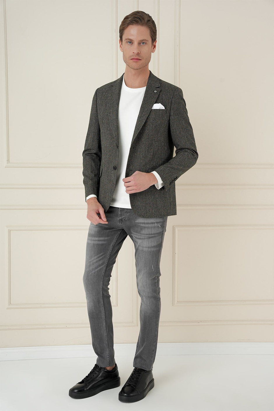 Slim Fit Mono Yaka Kırçıllı Dokuma %100 Yün Haki Ceket C 692