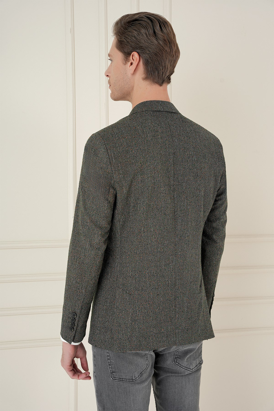 Slim Fit Mono Yaka Kırçıllı Dokuma %100 Yün Haki Ceket C 692