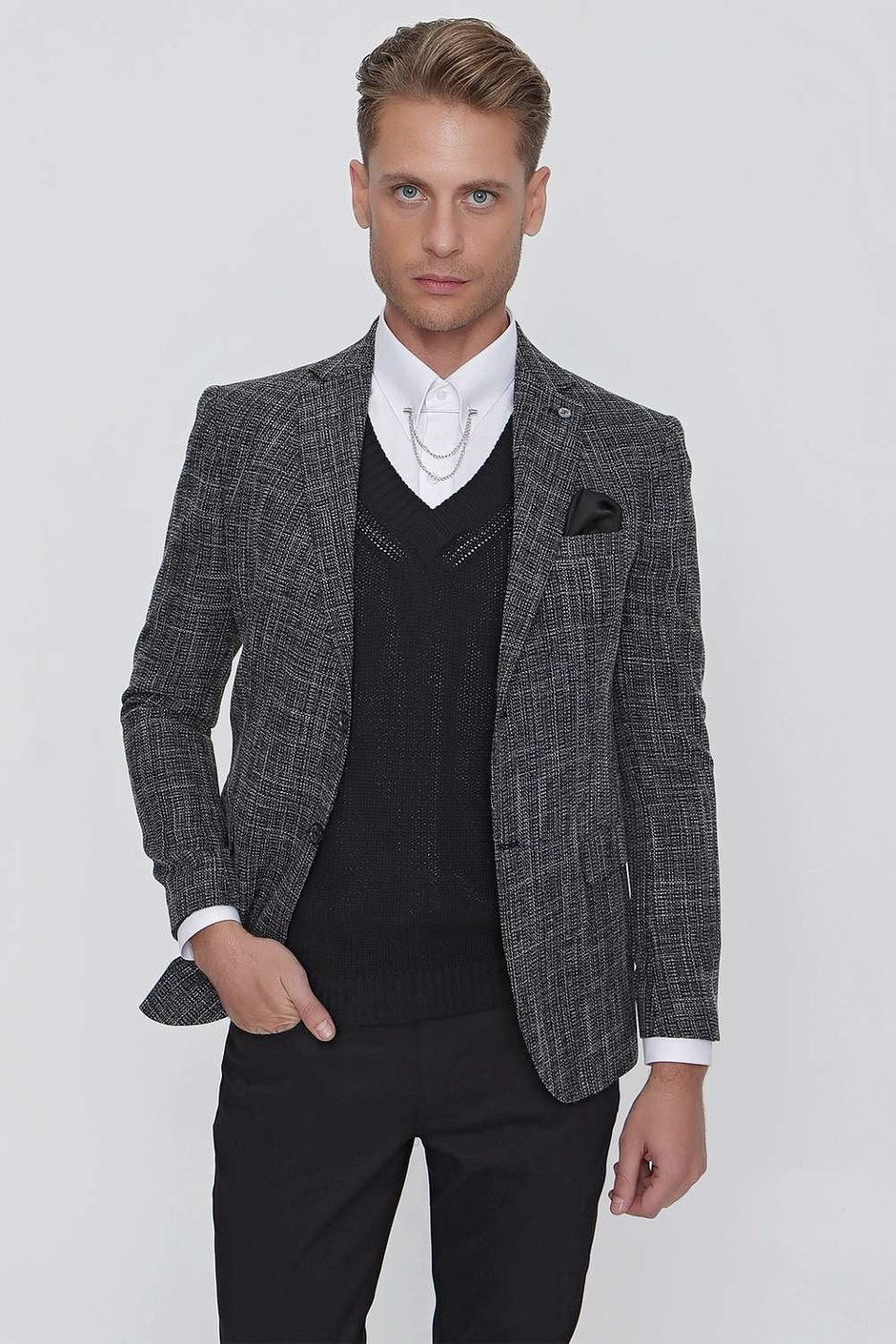 Slim Fit Mono Yaka Kırçıllı Dokuma Siyah Spor Ceket C 628