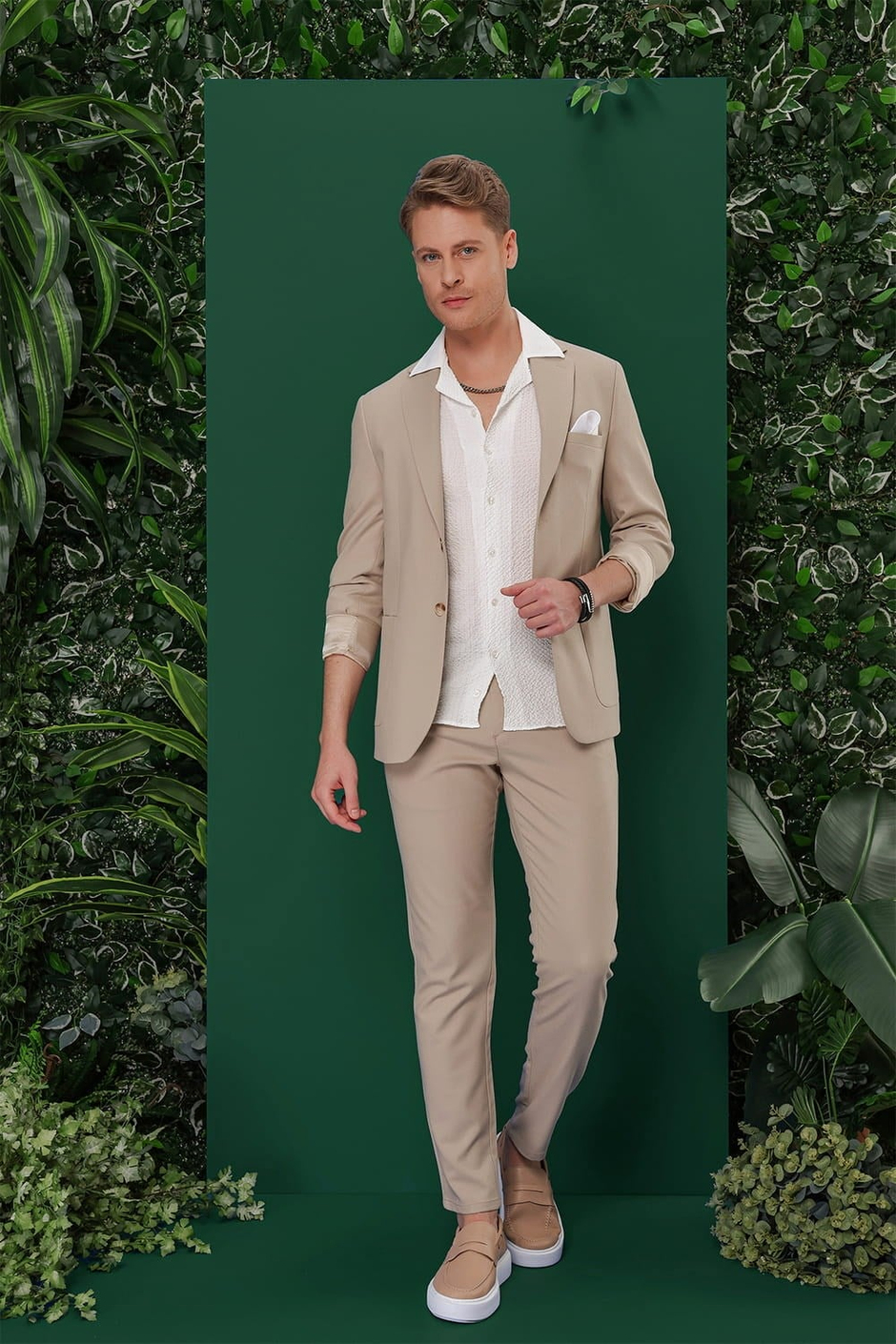 Slim Fit Mono Yaka Torba Cepli Esnek Pamuklu Bej Blazer Ceket C 639