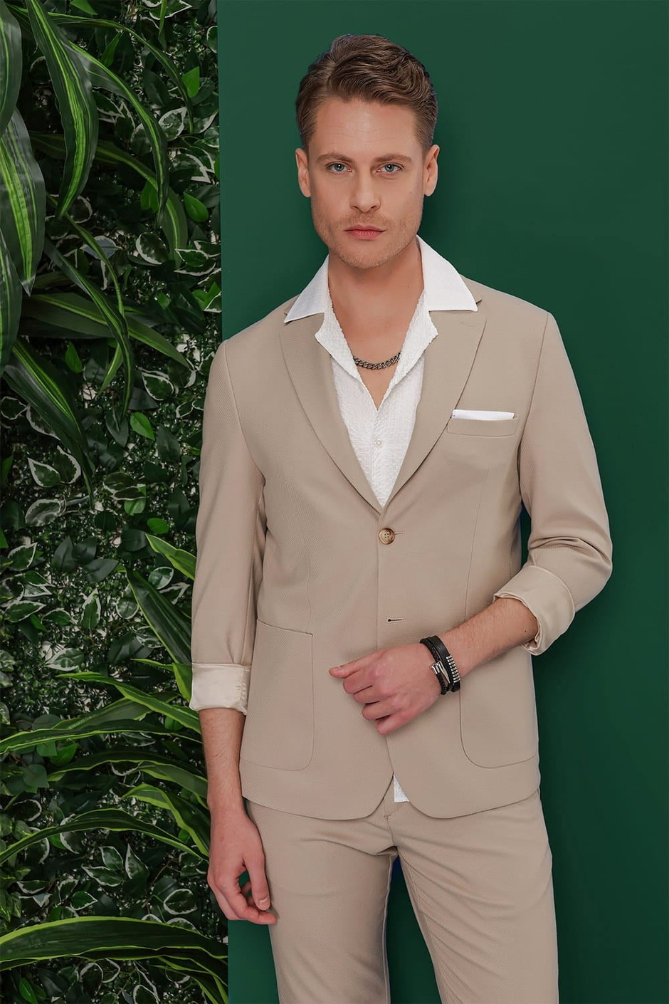 Slim Fit Mono Yaka Torba Cepli Esnek Pamuklu Bej Blazer Ceket C 639