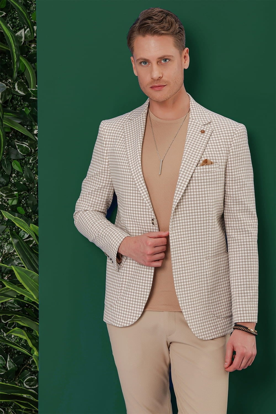 Slim Fit Mono Yaka Torba Cepli Esnek Pamuklu Pötikareli Bej Ceket C 638