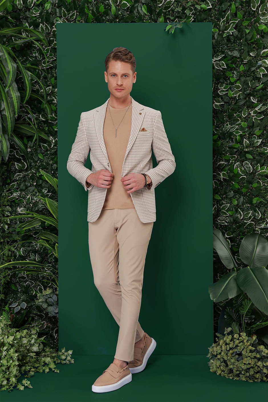 Slim Fit Mono Yaka Torba Cepli Esnek Pamuklu Pötikareli Bej Ceket C 638