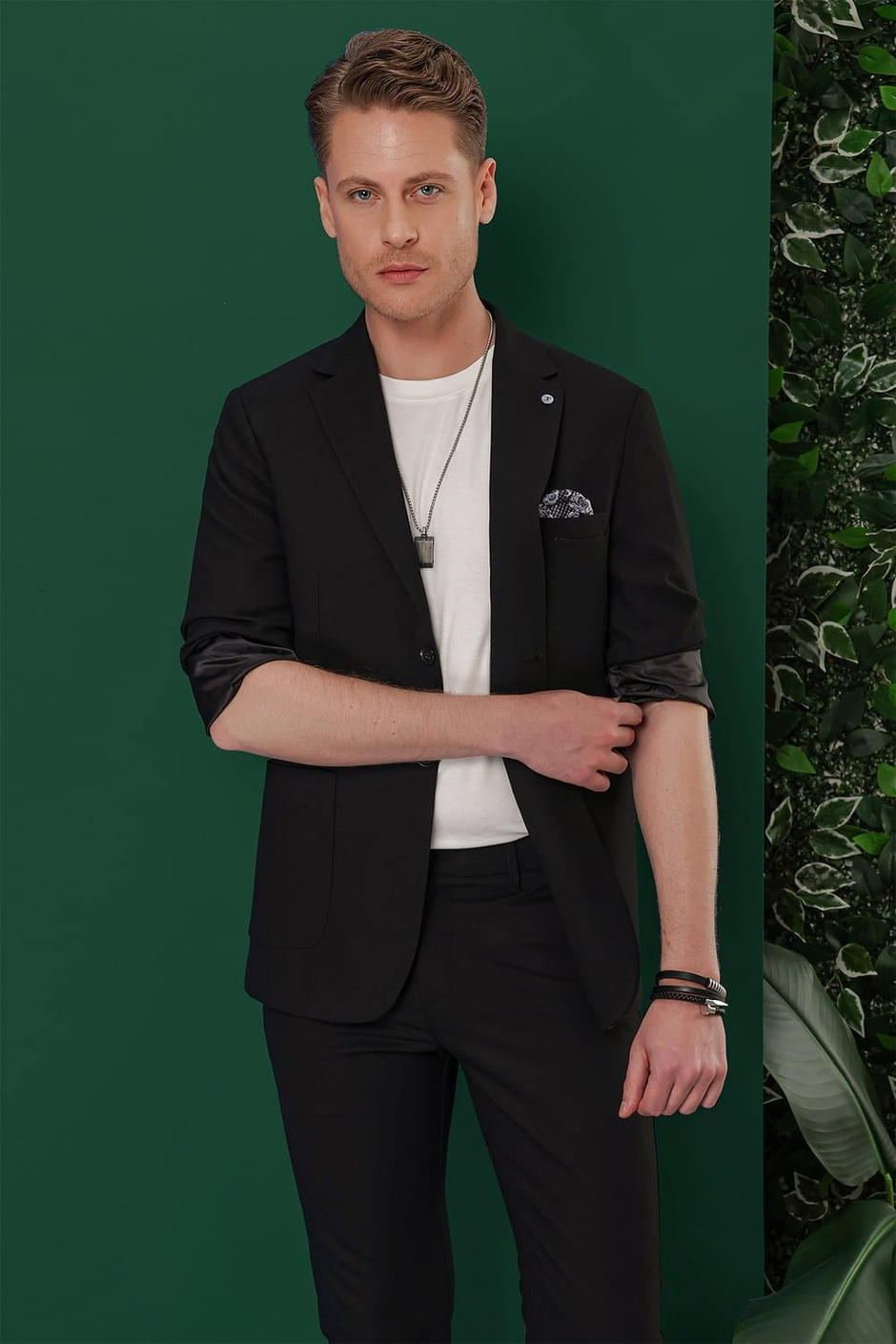 Slim Fit Mono Yaka Torba Cepli Esnek Pamuklu Siyah Blazer Ceket C 639