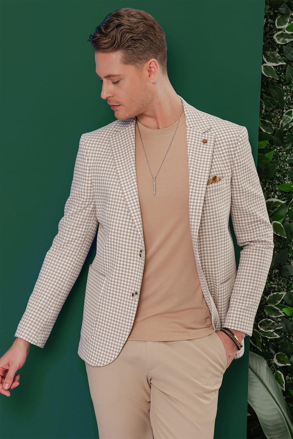 Slim Fit Mono Yaka Torba Cepli Esnek Pamuklu Pötikareli Bej Ceket C 638