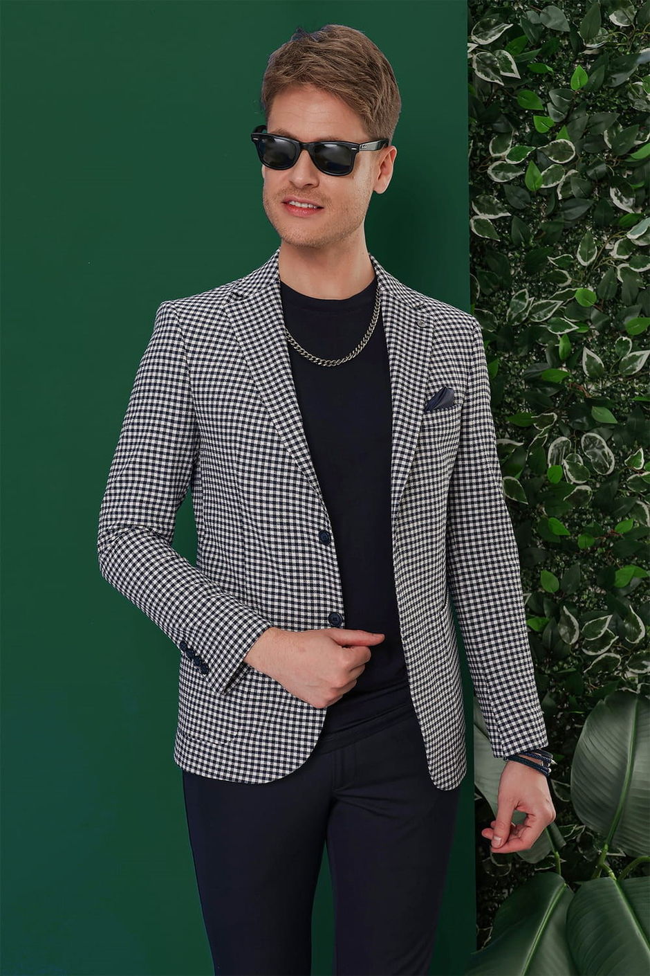 Slim Fit Mono Yaka Torba Cepli Esnek Pamuklu Pötikareli Lacivert Ceket C 638