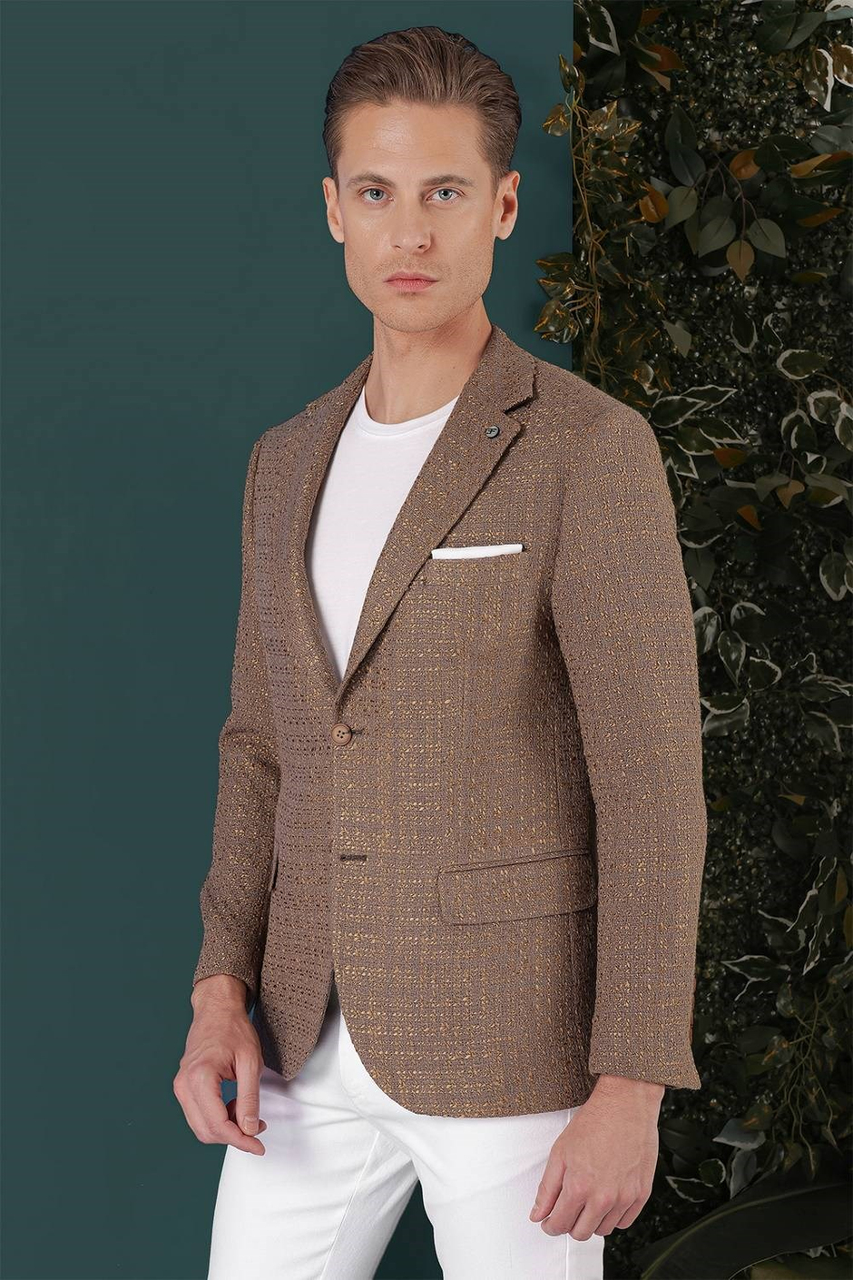 Slim Fit Mono Yaka Yünlü Buklet Dokuma Bej Ceket C 660