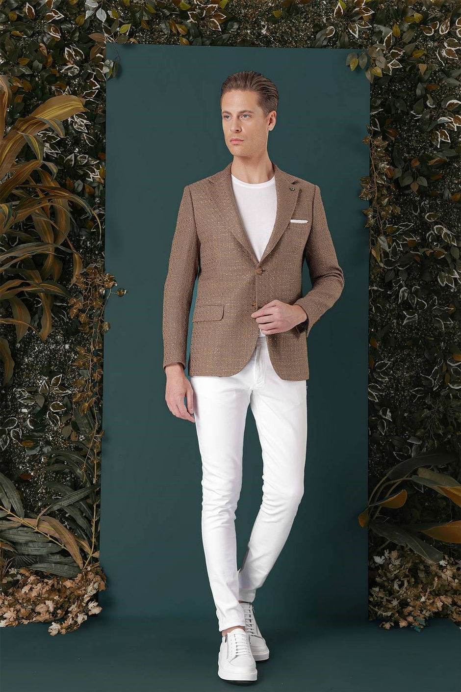 Slim Fit Mono Yaka Yünlü Buklet Dokuma Bej Ceket C 660