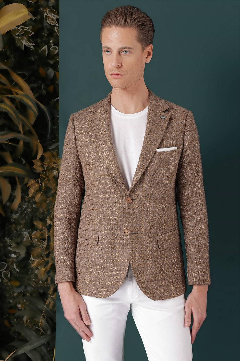 Slim Fit Mono Yaka Yünlü Buklet Dokuma Bej Ceket C 660