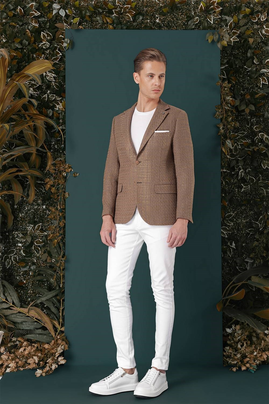 Slim Fit Mono Yaka Yünlü Buklet Dokuma Bej Ceket C 660
