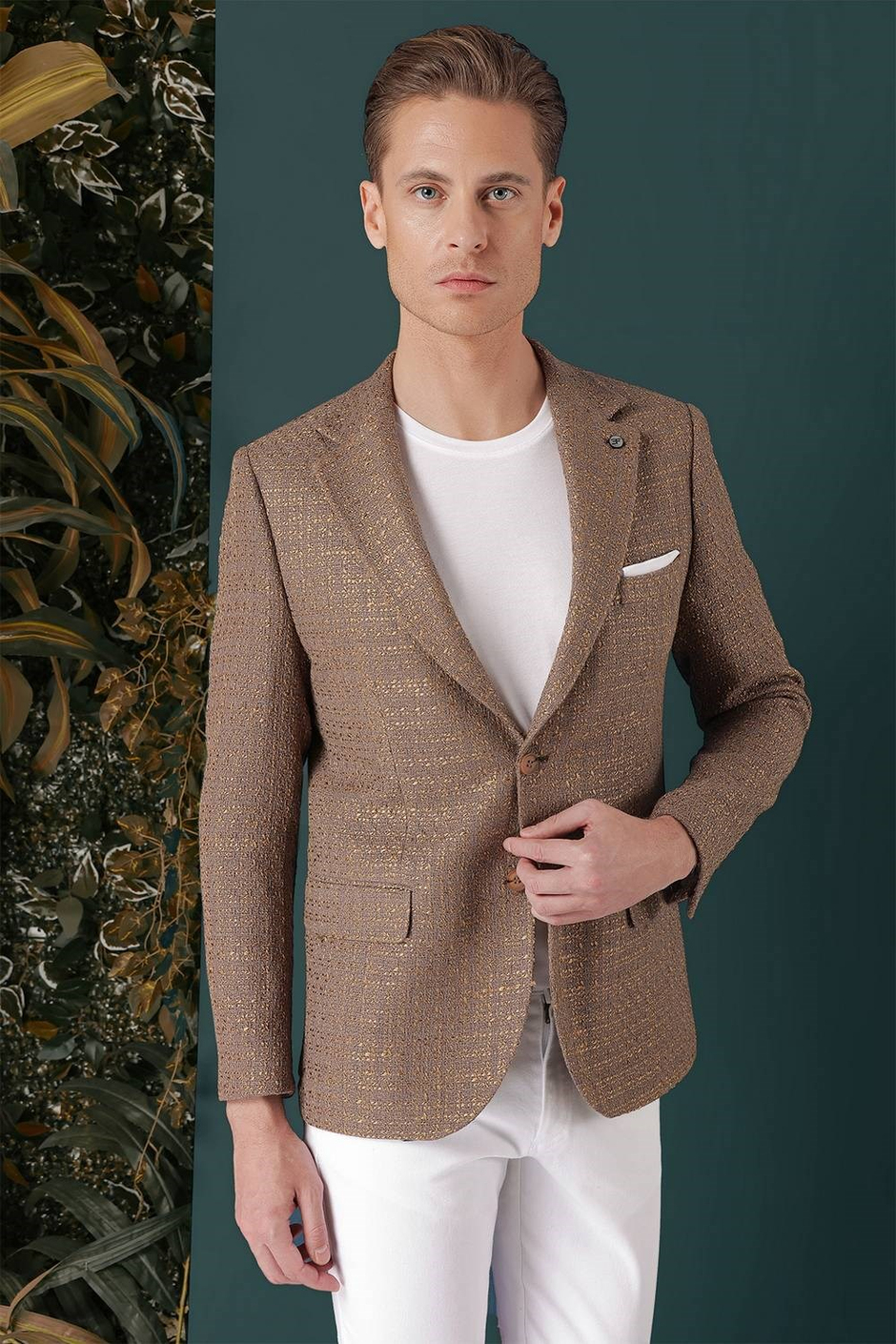 Slim Fit Mono Yaka Yünlü Buklet Dokuma Bej Ceket C 660