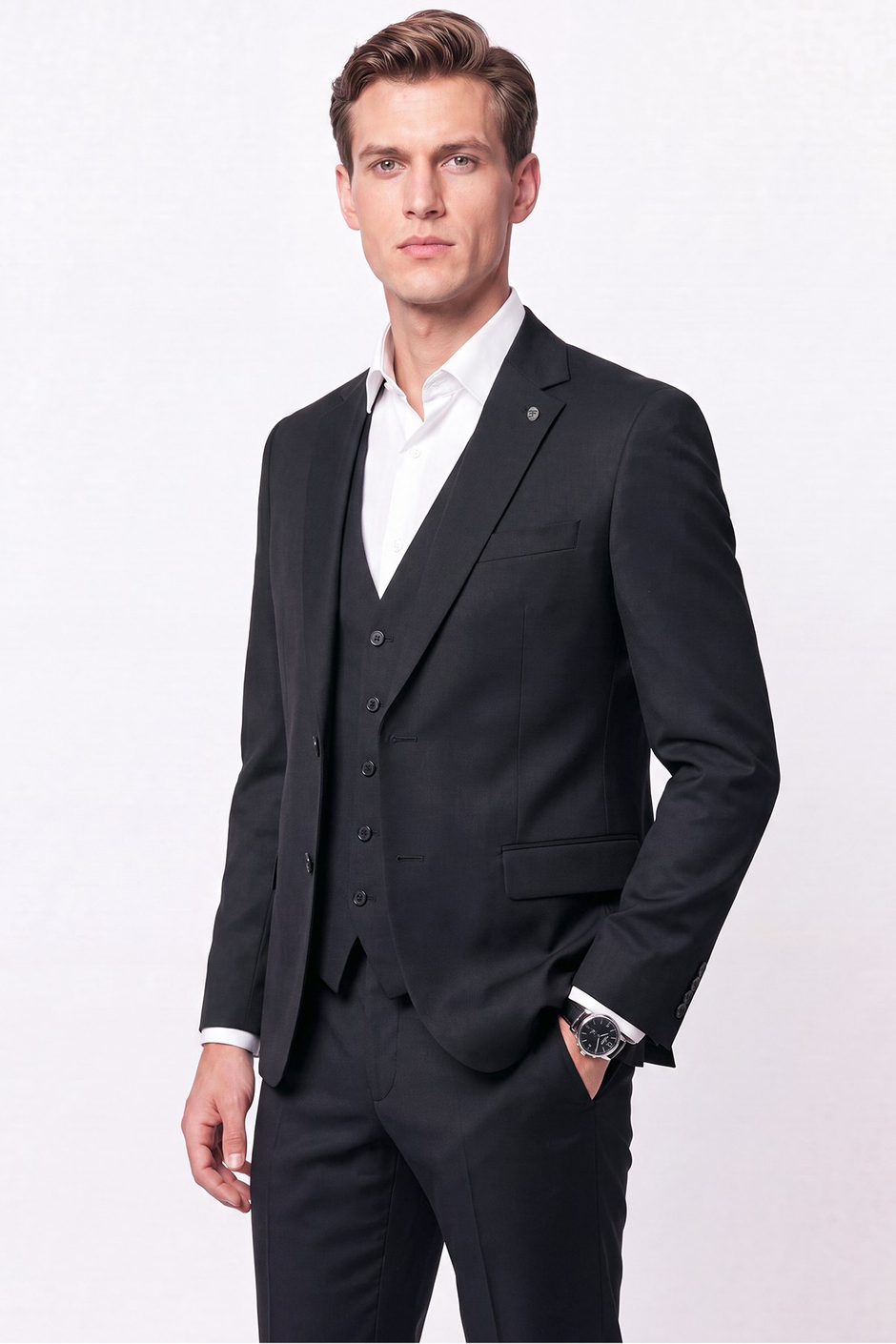 Slim Fit Mono Yaka Yünlü Yelekli Siyah Takım Elbise TK 943