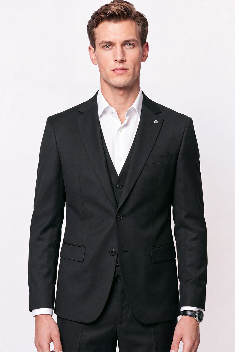 Slim Fit Mono Yaka Yünlü Yelekli Siyah Takım Elbise TK 943