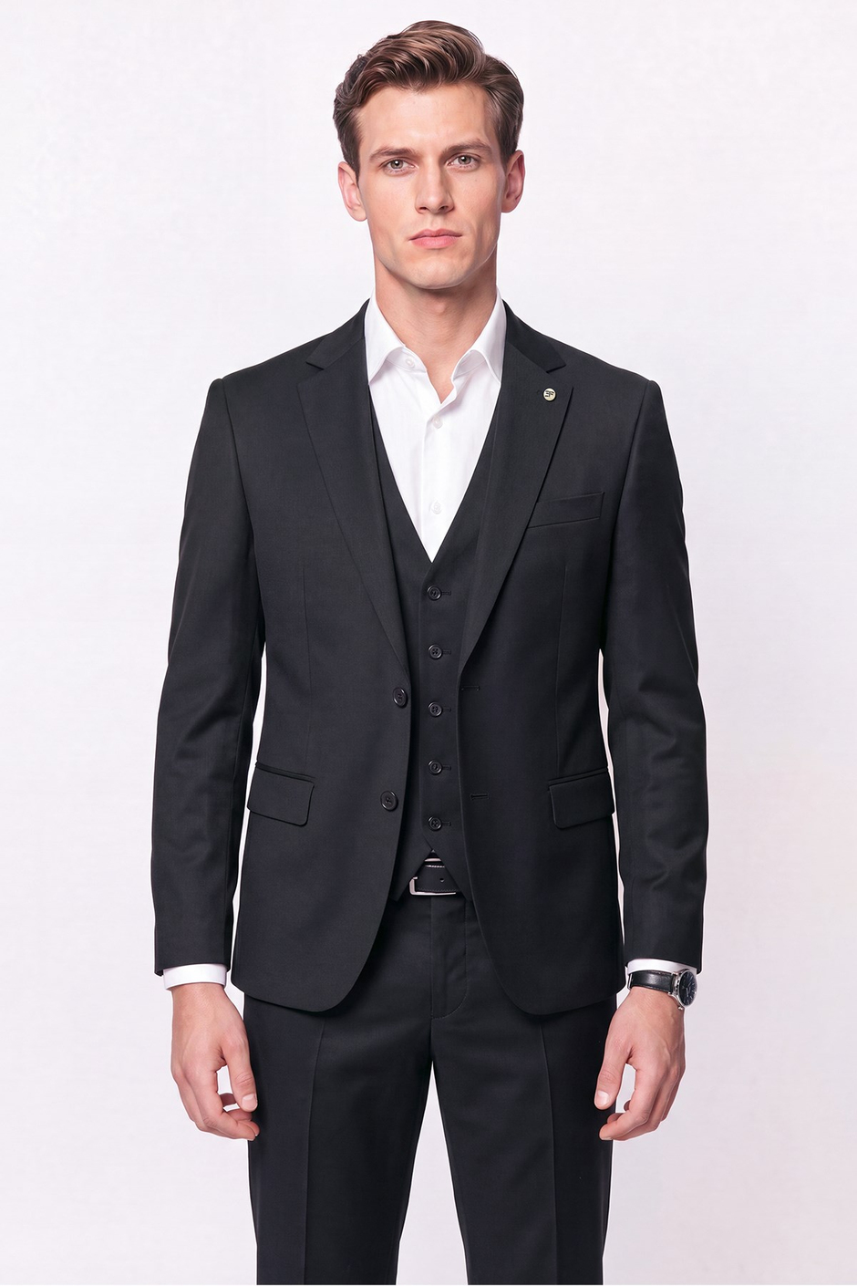 Slim Fit Mono Yaka Yünlü Yelekli Siyah Takım Elbise TK 943