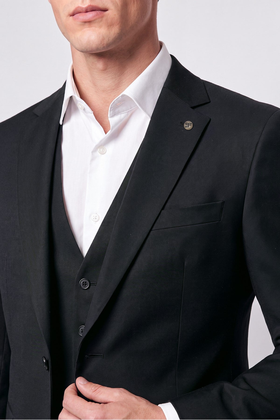 Slim Fit Mono Yaka Yünlü Yelekli Siyah Takım Elbise TK 943
