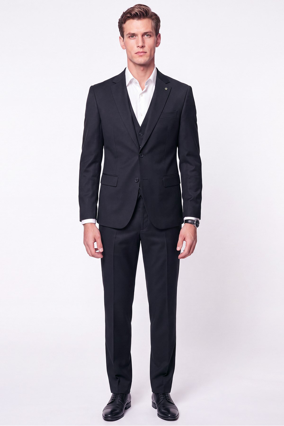 Slim Fit Mono Yaka Yünlü Yelekli Siyah Takım Elbise TK 943