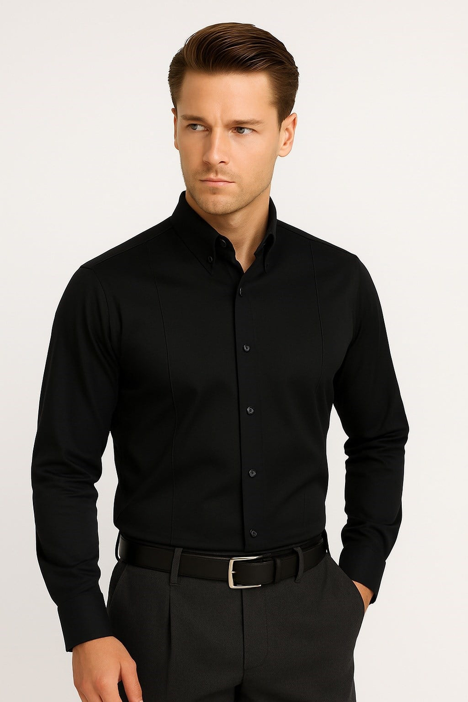 Slim Fit Önden Pensli Düğmeli Yaka Siyah Uzun Kollu Gömlek GK 691