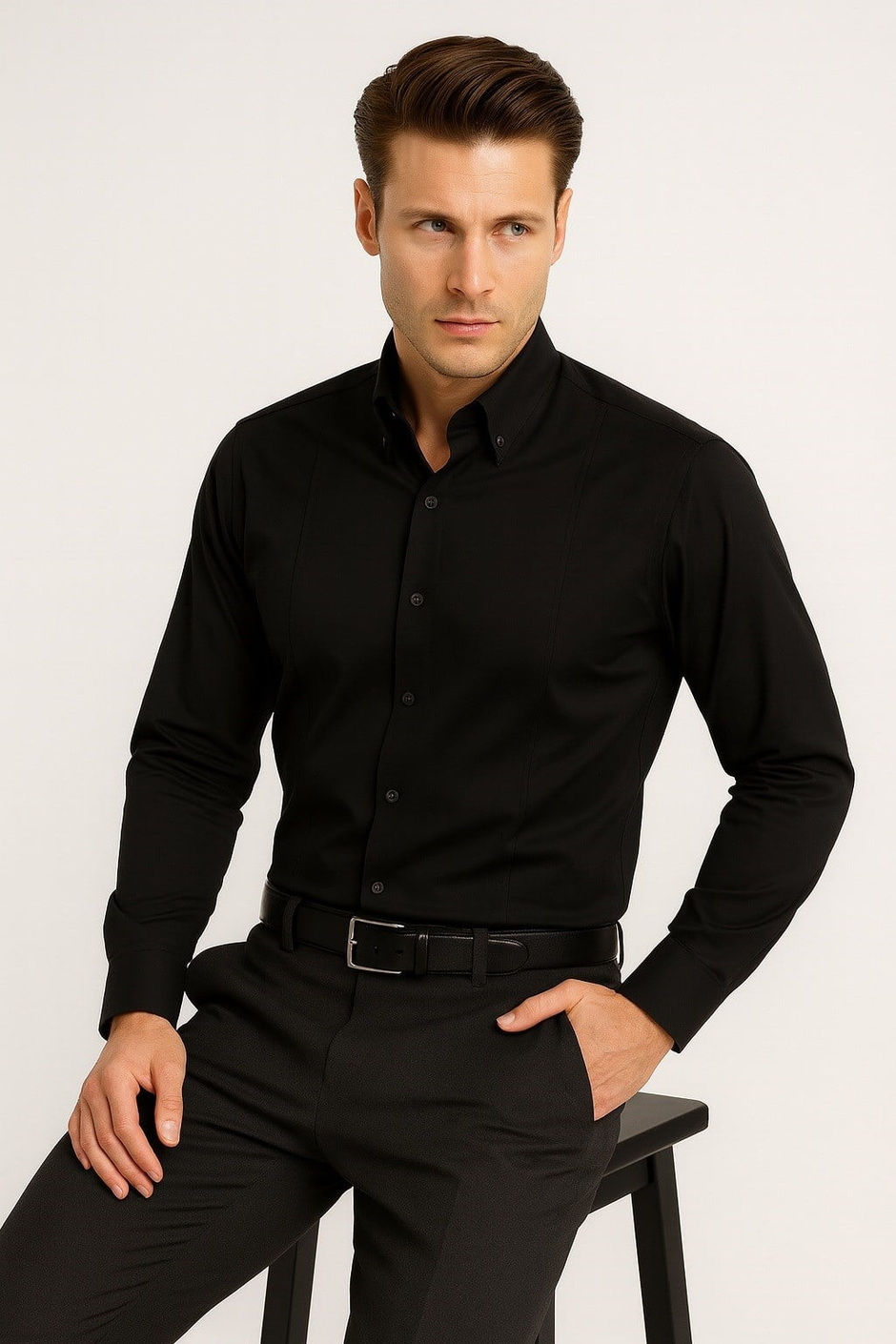 Slim Fit Önden Pensli Düğmeli Yaka Siyah Uzun Kollu Gömlek GK 691