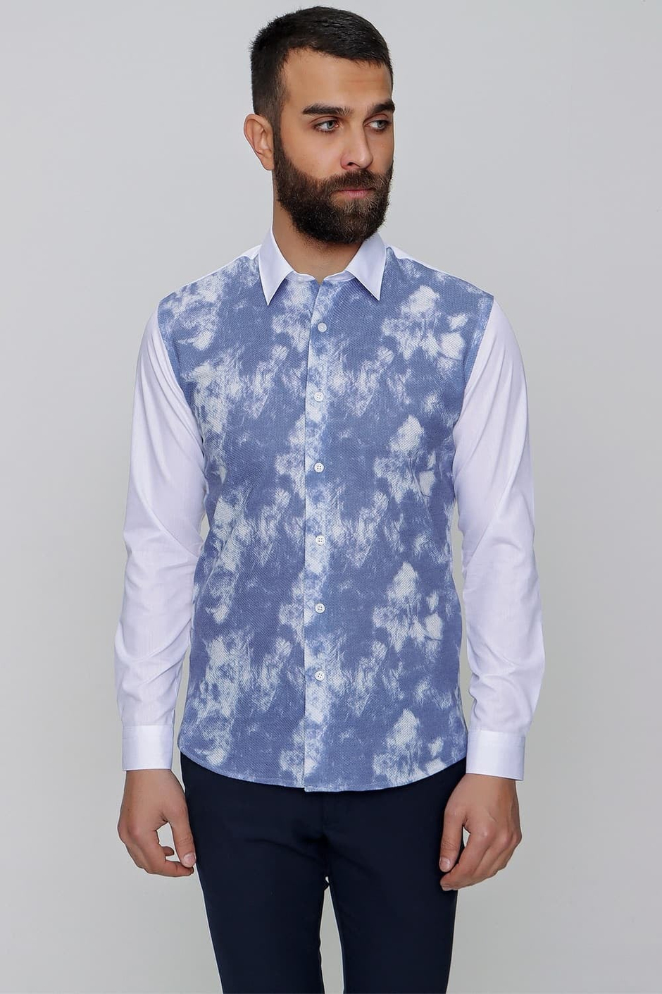 Slim Fit Önü Batik Desenli Spor Saks Gömlek G 1482
