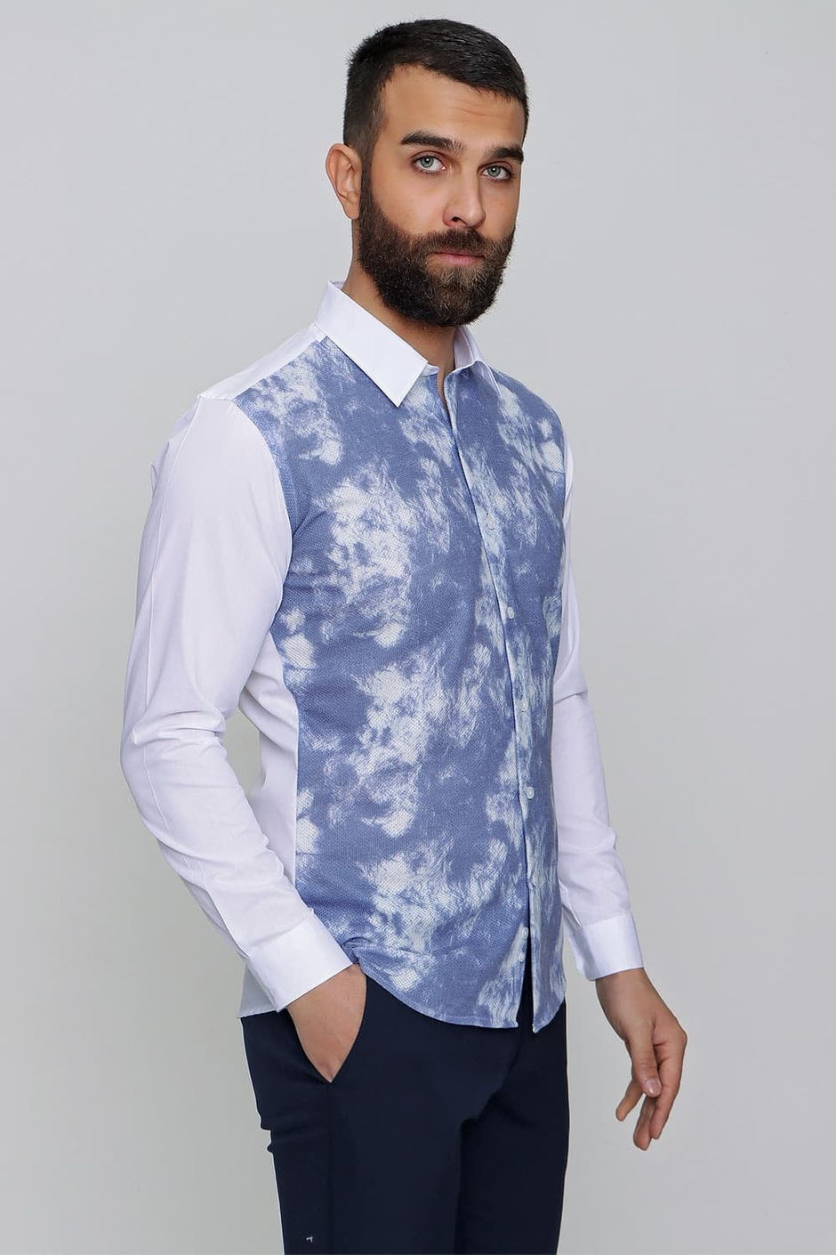 Slim Fit Önü Batik Desenli Spor Saks Gömlek G 1482
