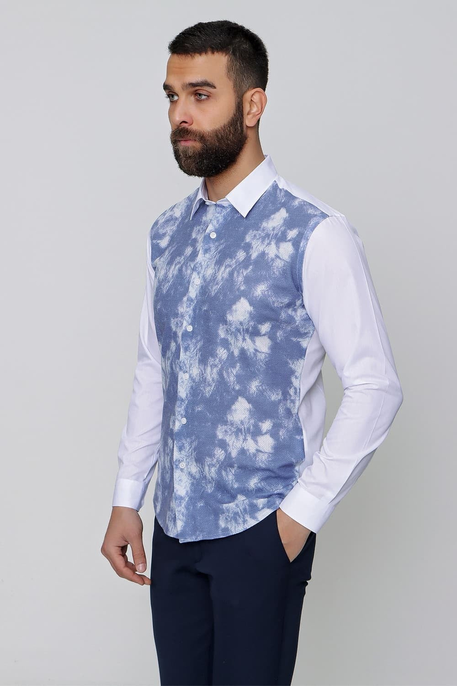 Slim Fit Önü Batik Desenli Spor Saks Gömlek G 1482