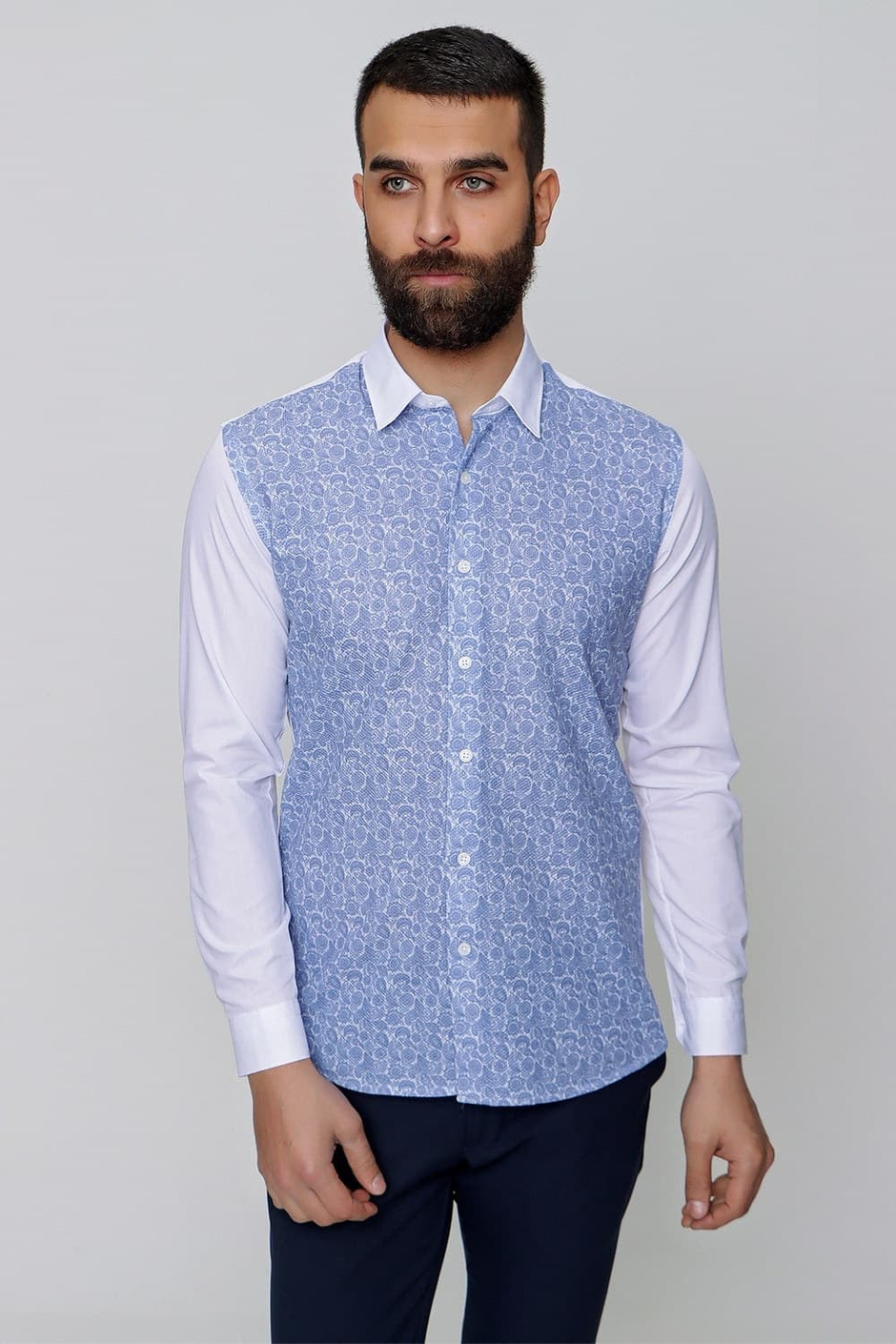Slim Fit Önü Desenli Spor Saks Gömlek G 1481