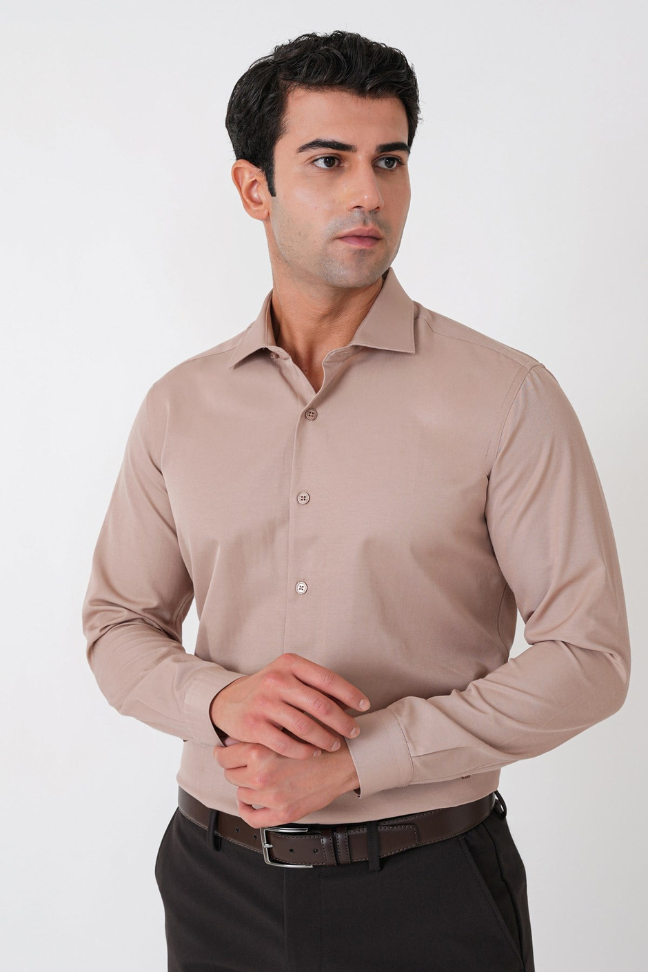 Slim Fit Pamuk Saten Klasik Bej Gömlek Gk 604