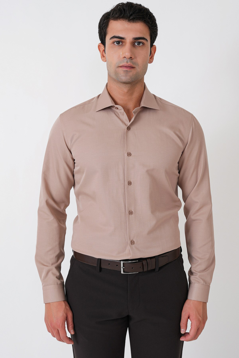 Slim Fit Pamuk Saten Klasik Bej Gömlek Gk 604
