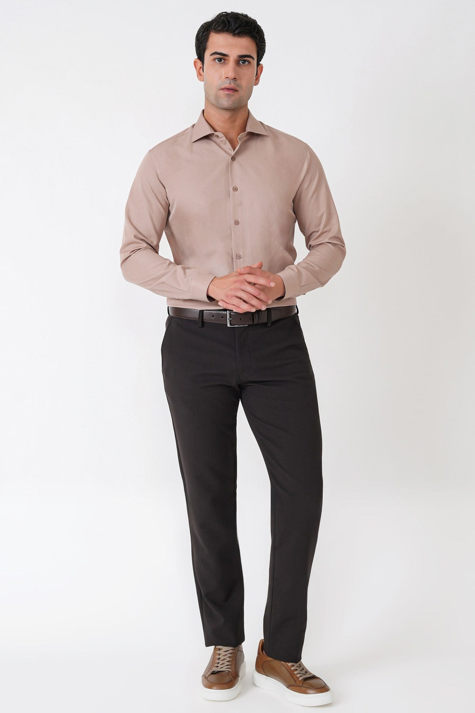Slim Fit Pamuk Saten Klasik Bej Gömlek Gk 604