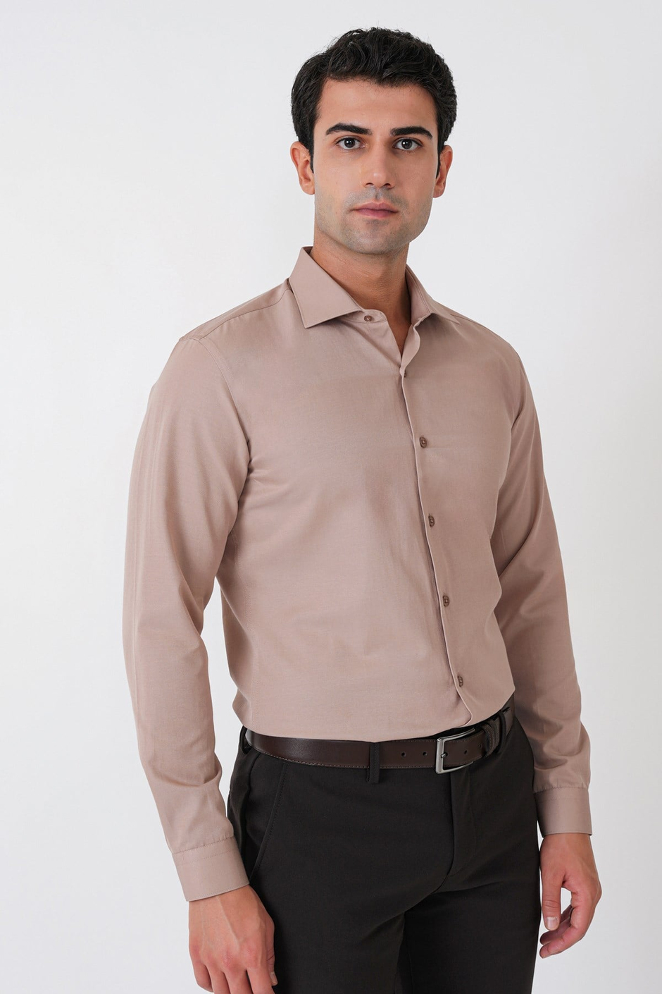 Slim Fit Pamuk Saten Klasik Bej Gömlek Gk 604