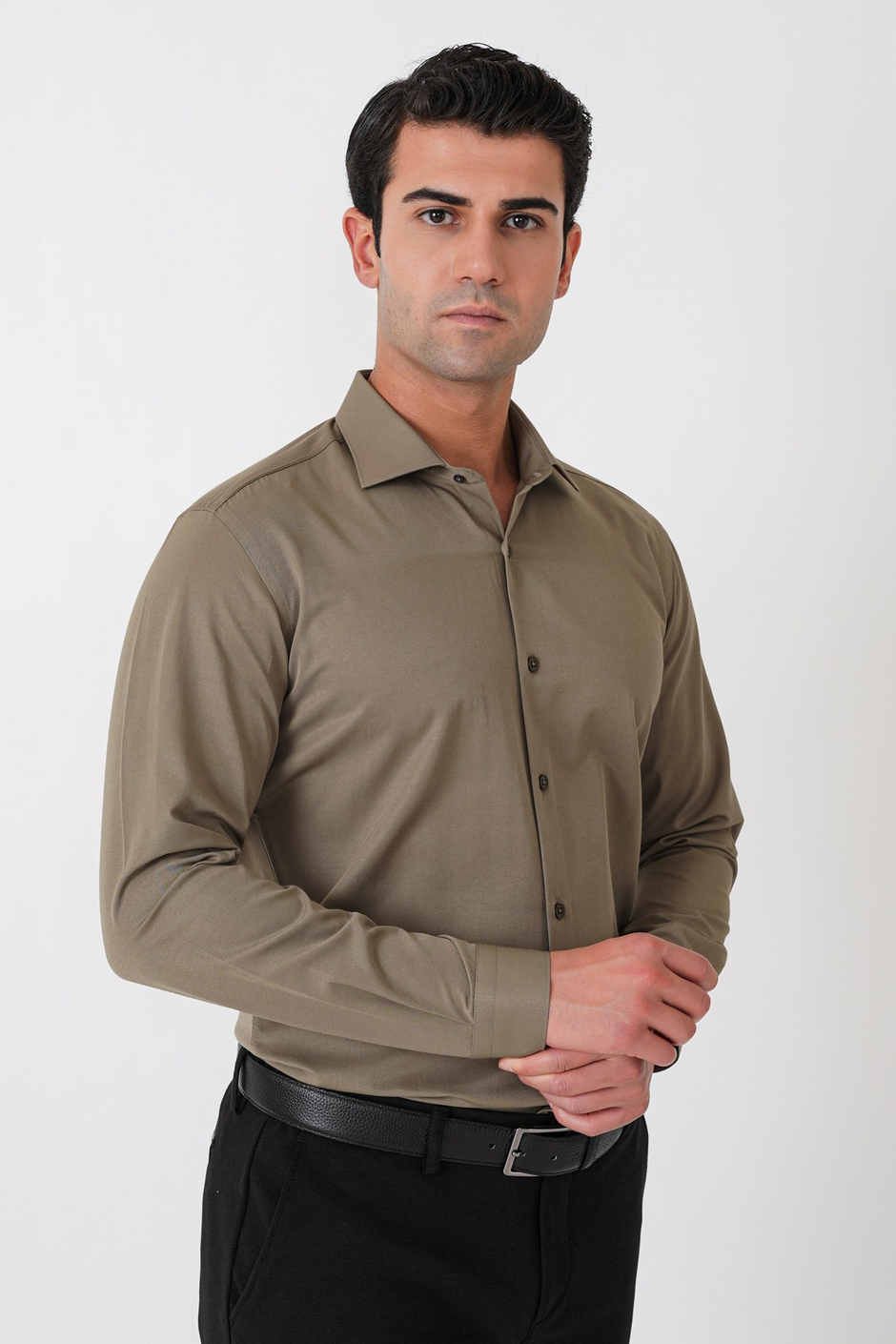 Slim Fit Pamuk Saten Klasik Haki Gömlek Gk 604