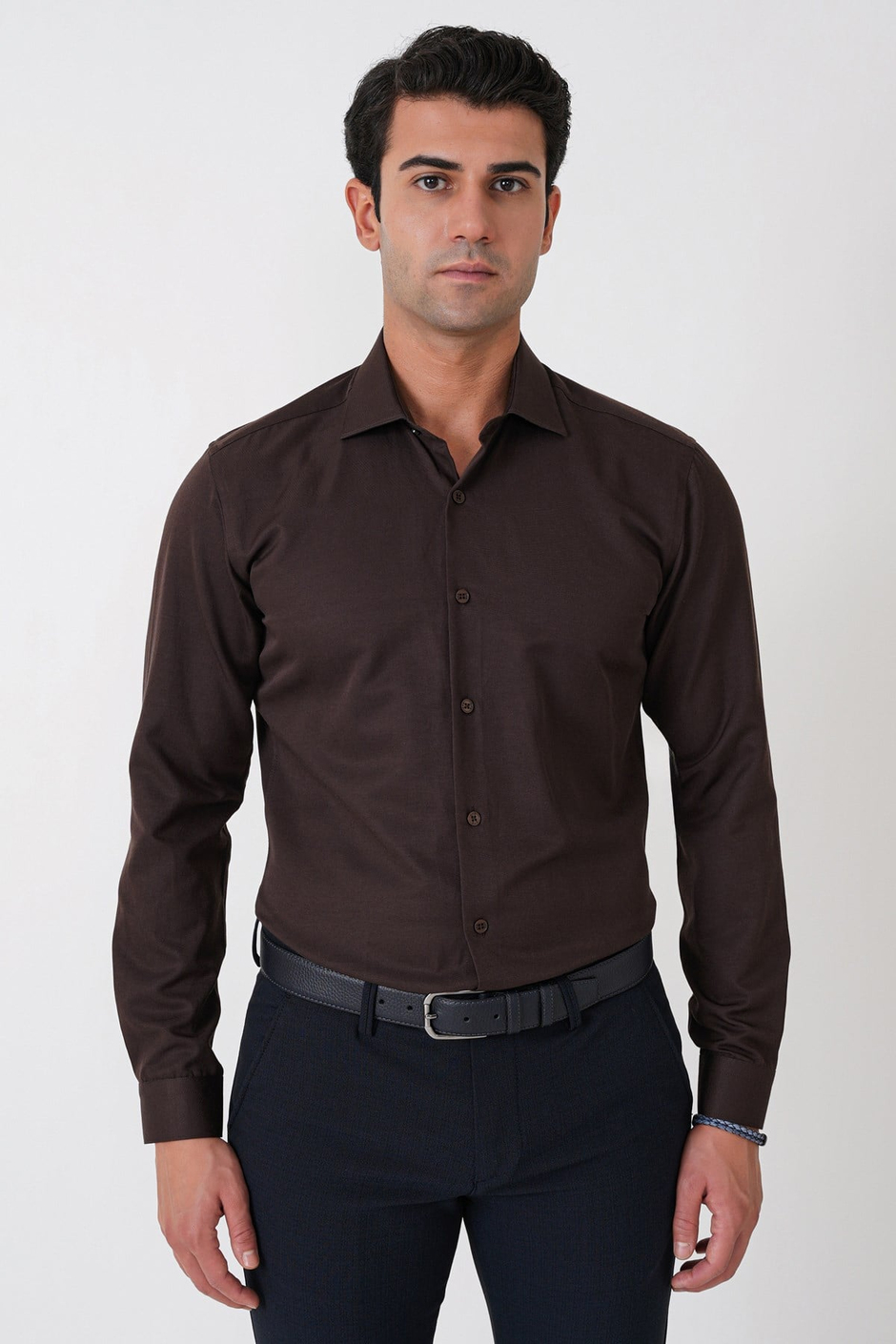 Slim Fit Pamuk Saten Klasik Kahverengi Gömlek Gk 604