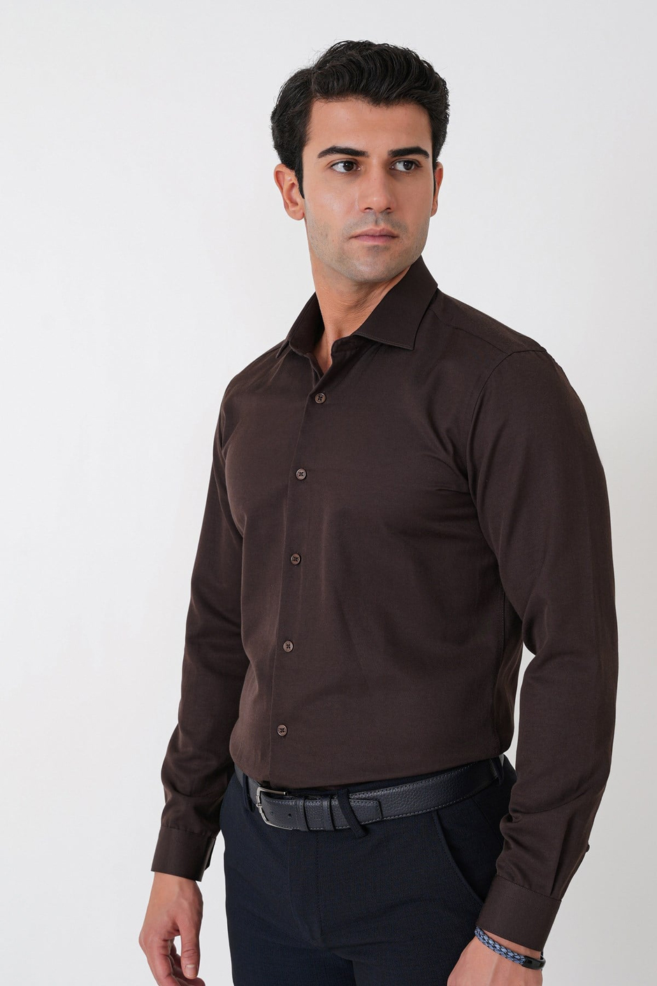 Slim Fit Pamuk Saten Klasik Kahverengi Gömlek Gk 604
