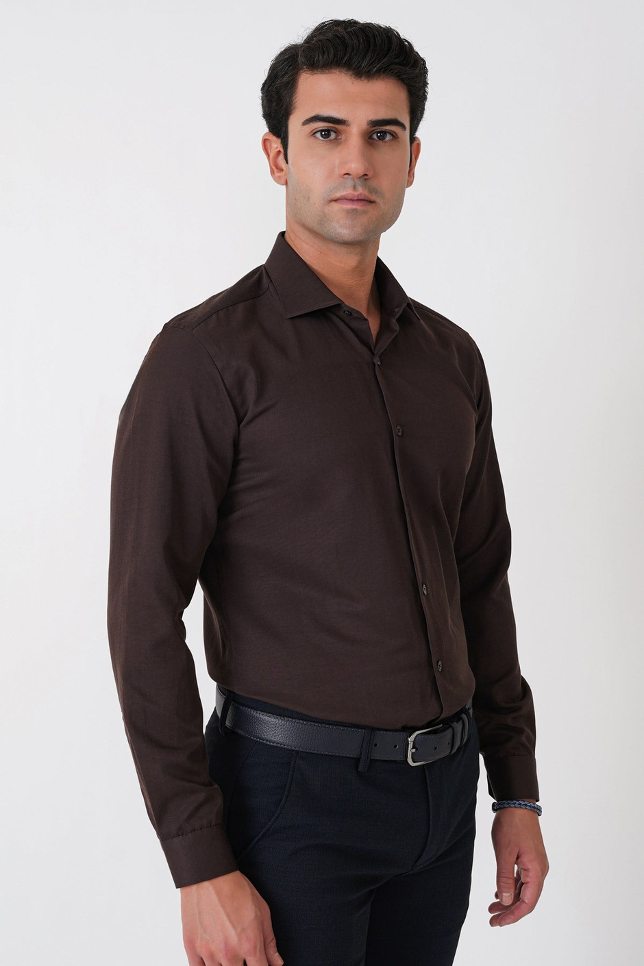 Slim Fit Pamuk Saten Klasik Kahverengi Gömlek Gk 604