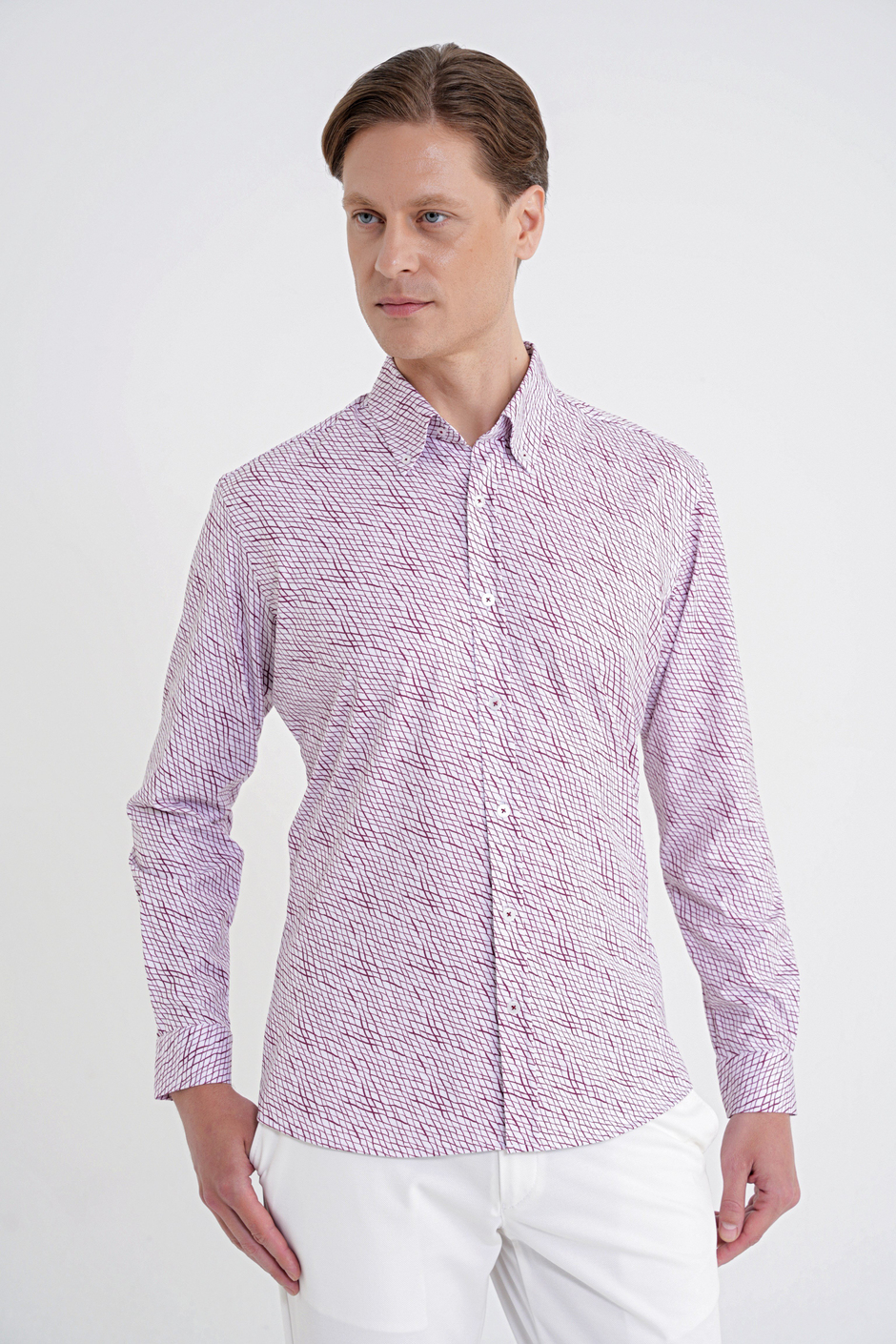 Slim Fit Pamuklu Baskılı Desen Yaka Düğmeli Bordo Gömlek G 1603