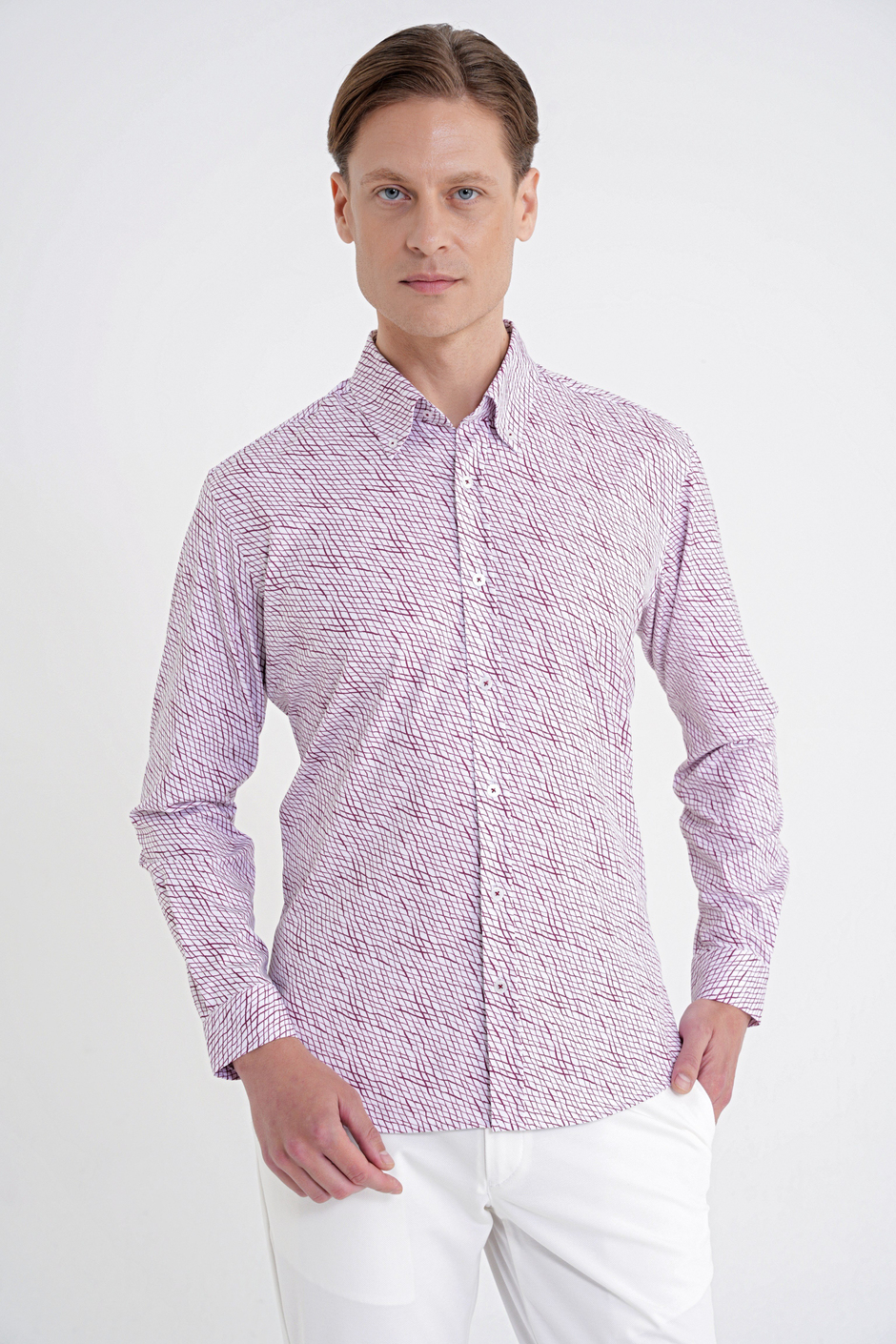 Slim Fit Pamuklu Baskılı Desen Yaka Düğmeli Bordo Gömlek G 1603