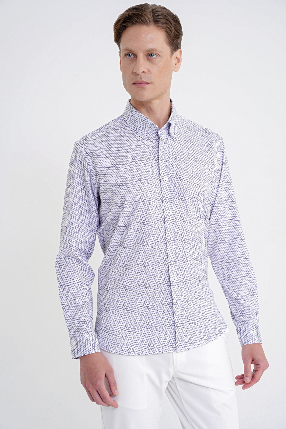 Slim Fit Pamuklu Baskılı Desen Yaka Düğmeli Gri Gömlek G 1603
