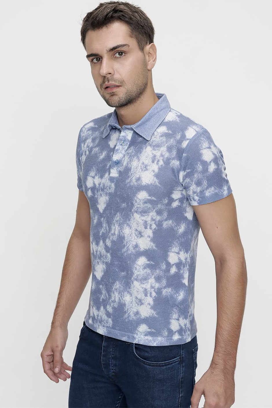 Slim Fit Pamuklu Batik Desenli Mavi Polo Yaka Tişört TS 800