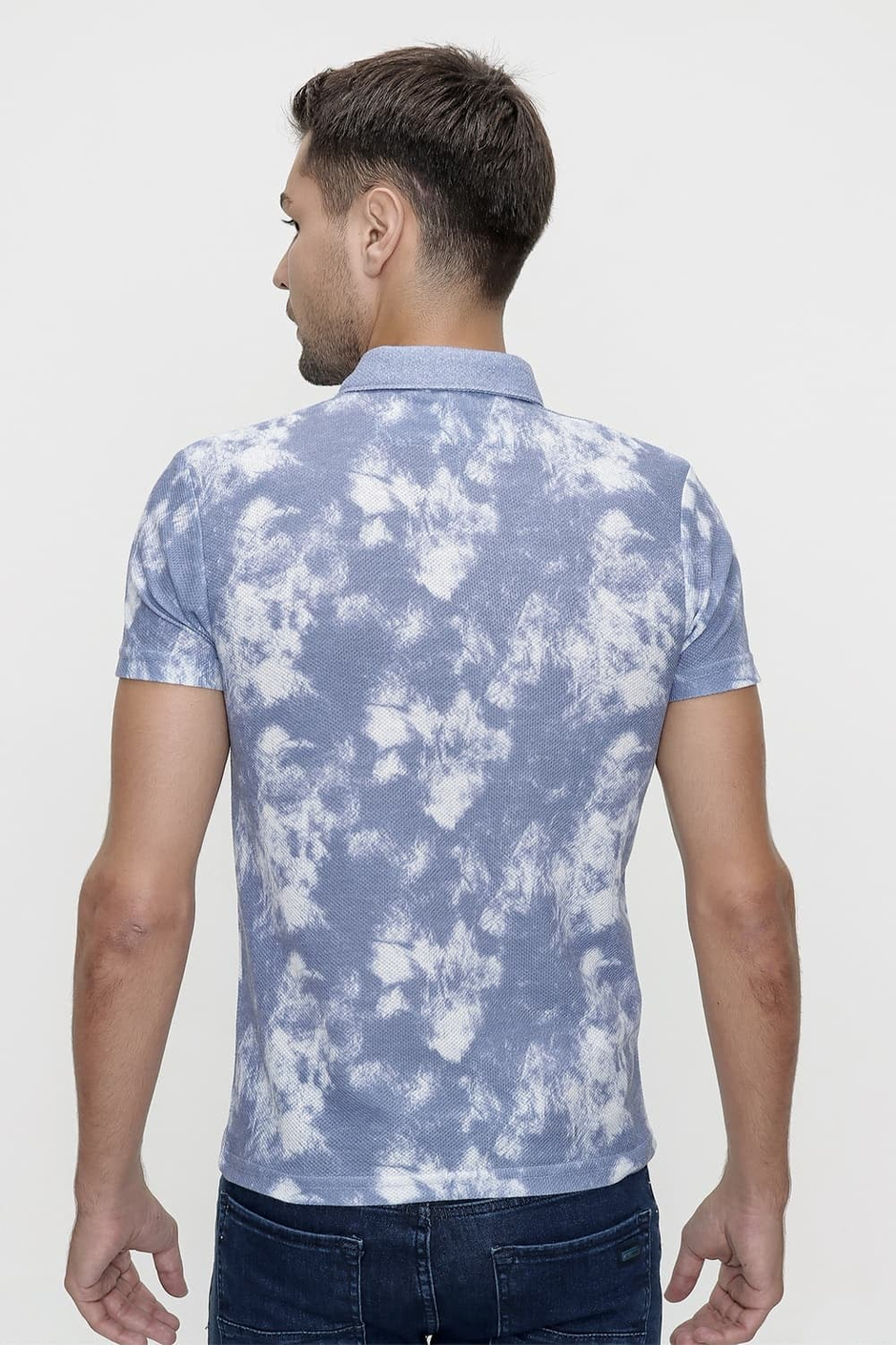 Slim Fit Pamuklu Batik Desenli Mavi Polo Yaka Tişört TS 800