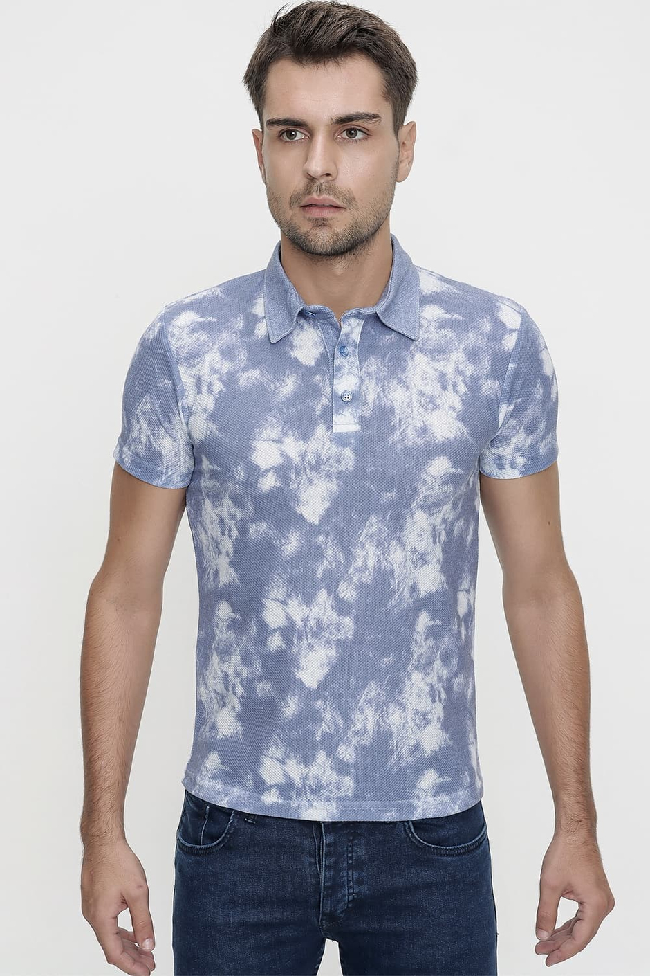 Slim Fit Pamuklu Batik Desenli Mavi Polo Yaka Tişört TS 800