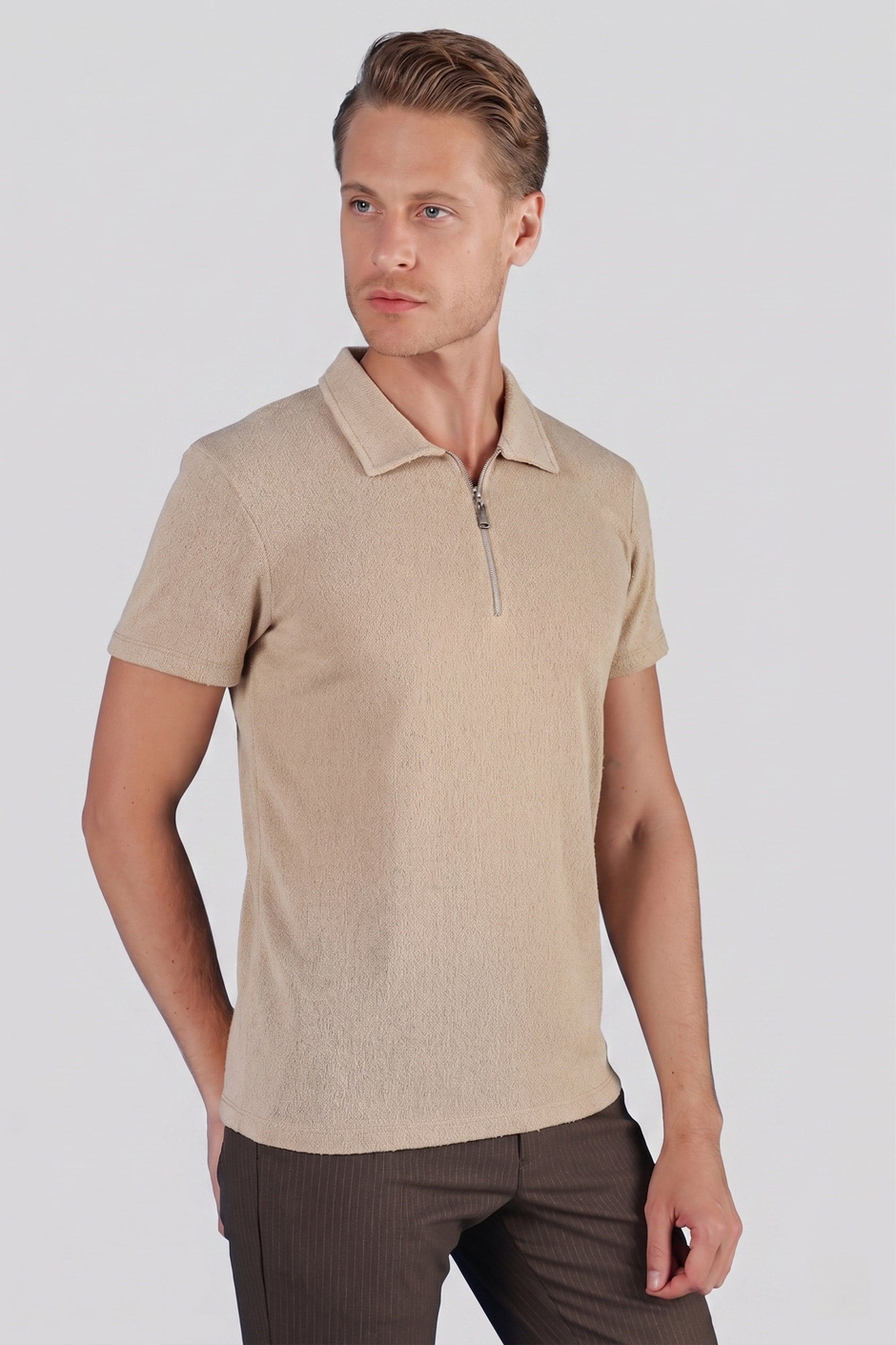 Slim Fit Pamuklu Fermuarlı Polo Yaka Bej Tişört Ts 871